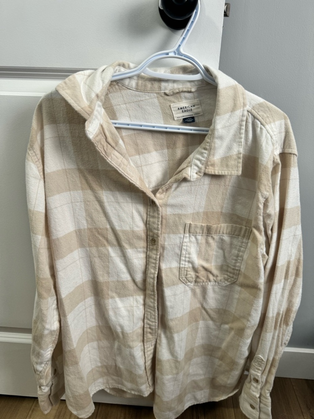 American Eagle Outfitters Beige and Cream Plaid Button-Down Shirt